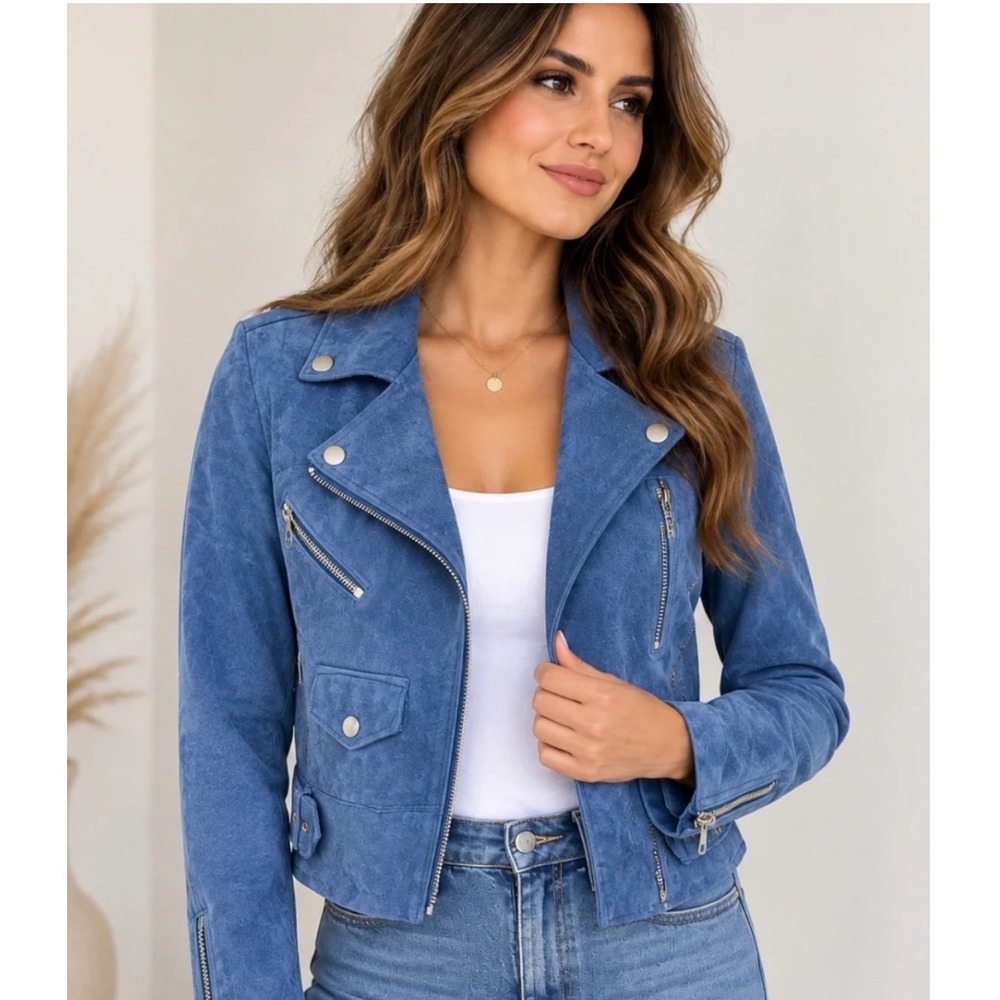 Blank NYC Women's Blue Suede Leather Zip-Front Casual Moto Jacket Biker Small